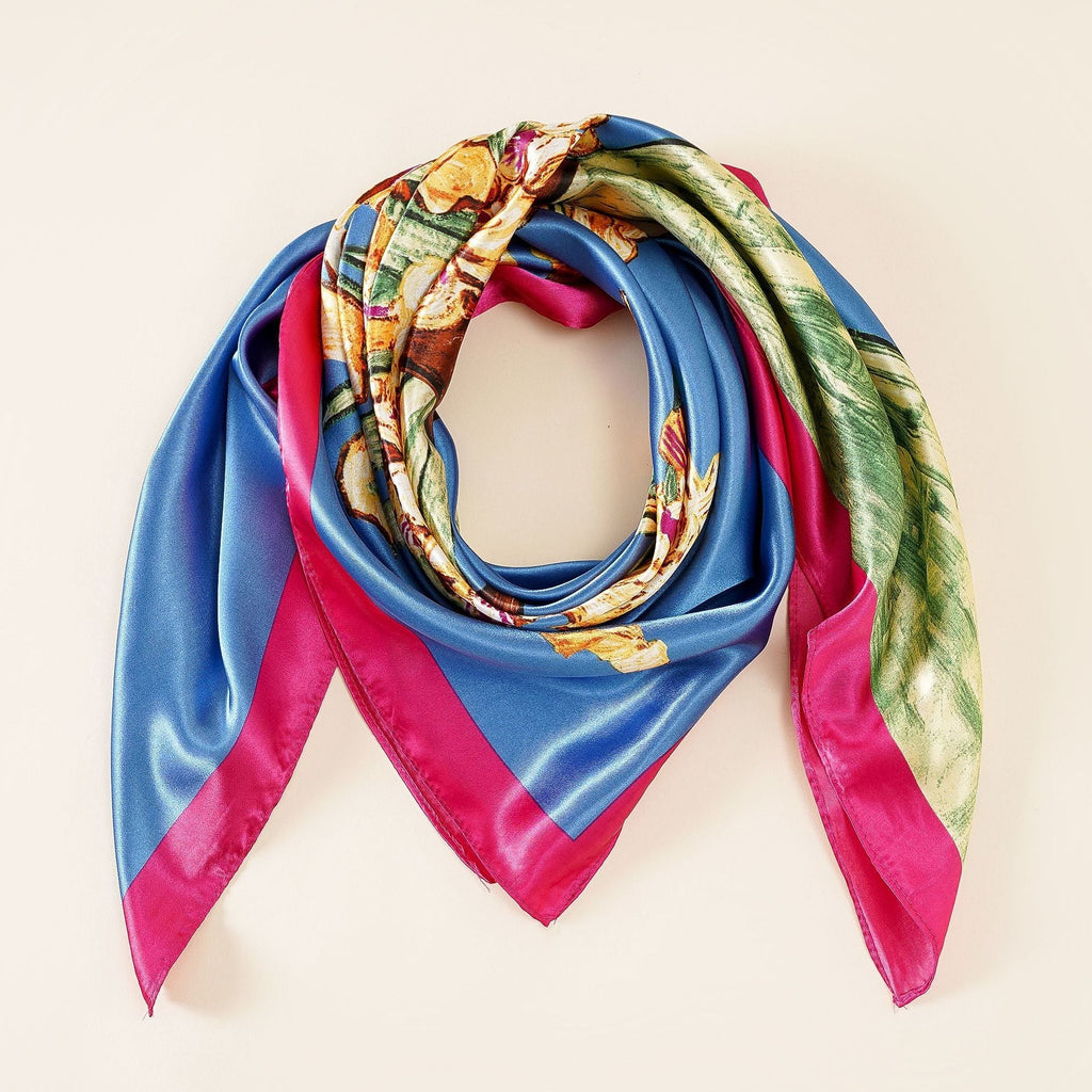 Women's silk scarf with artistic floral design and luxurious sheen, size GR