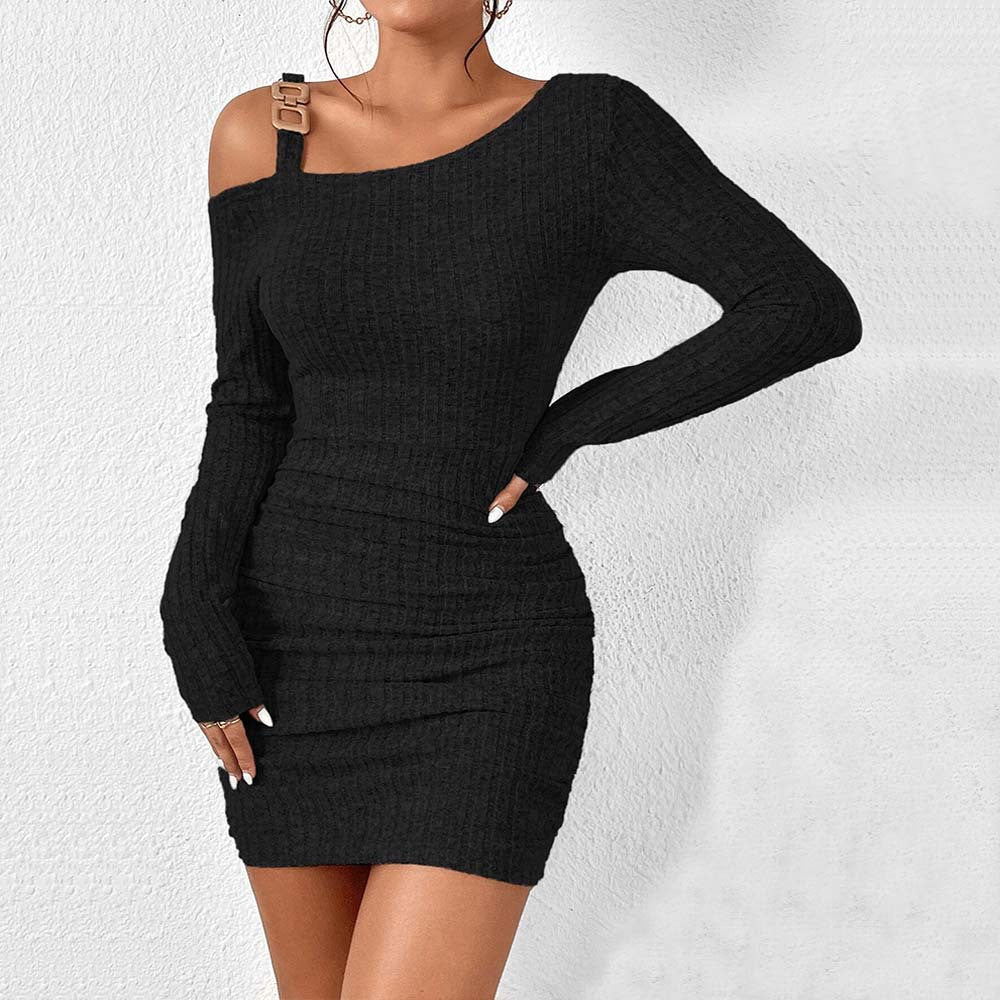 Damen asymmetrisches Strickkleid mit dekorativem Schulterband GR