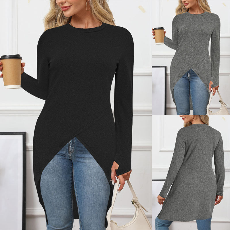 Women's asymmetrical long tunic top with sophisticated wrap design, size GR