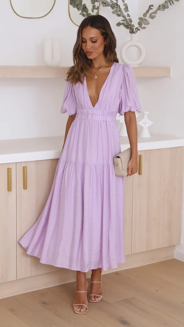 GR | Lässige Trends Sommer V-Ausschnitt Figurbetont Taillenkleid Midilänge