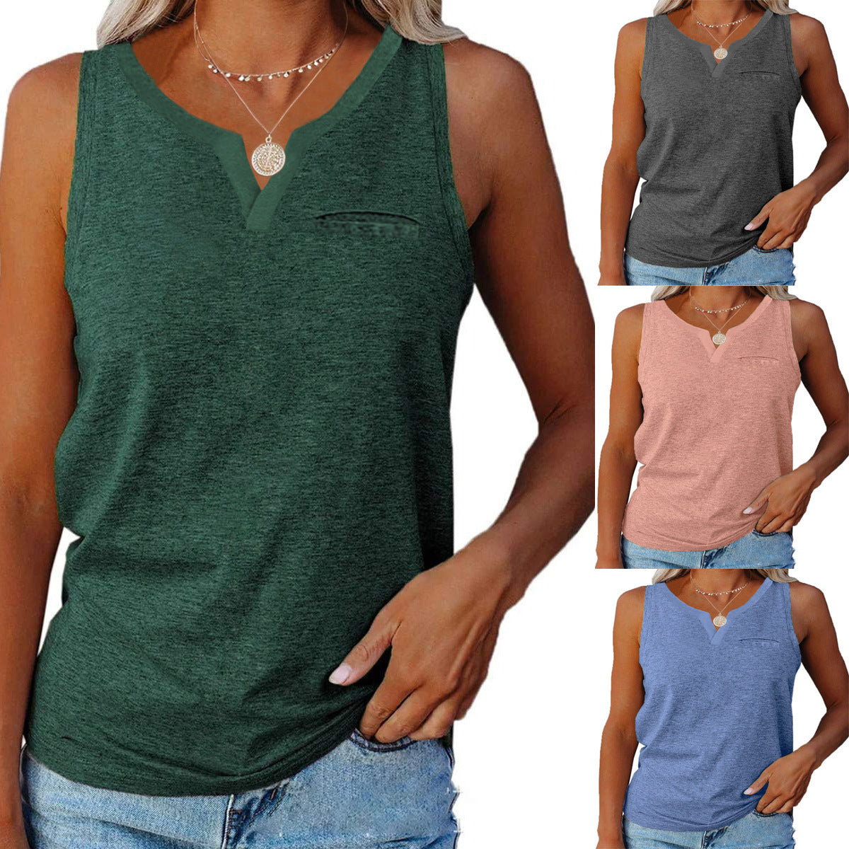 Women's sleeveless V-neck top with chest pocket and relaxed fit, size S