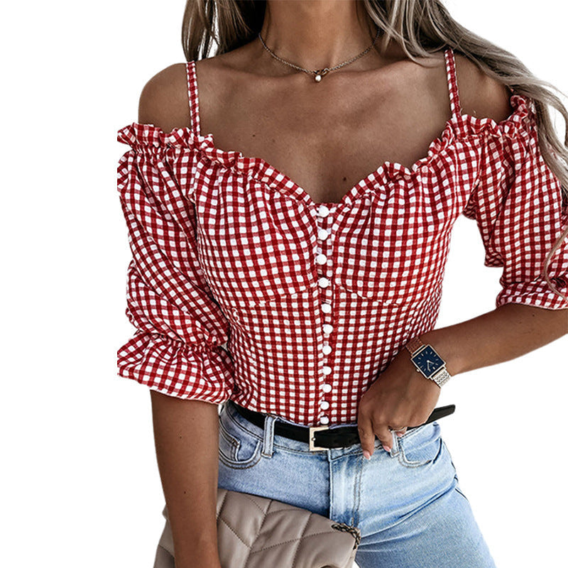 Damen Off-Shoulder Bluse mit Rüschendetails und Karomuster GR