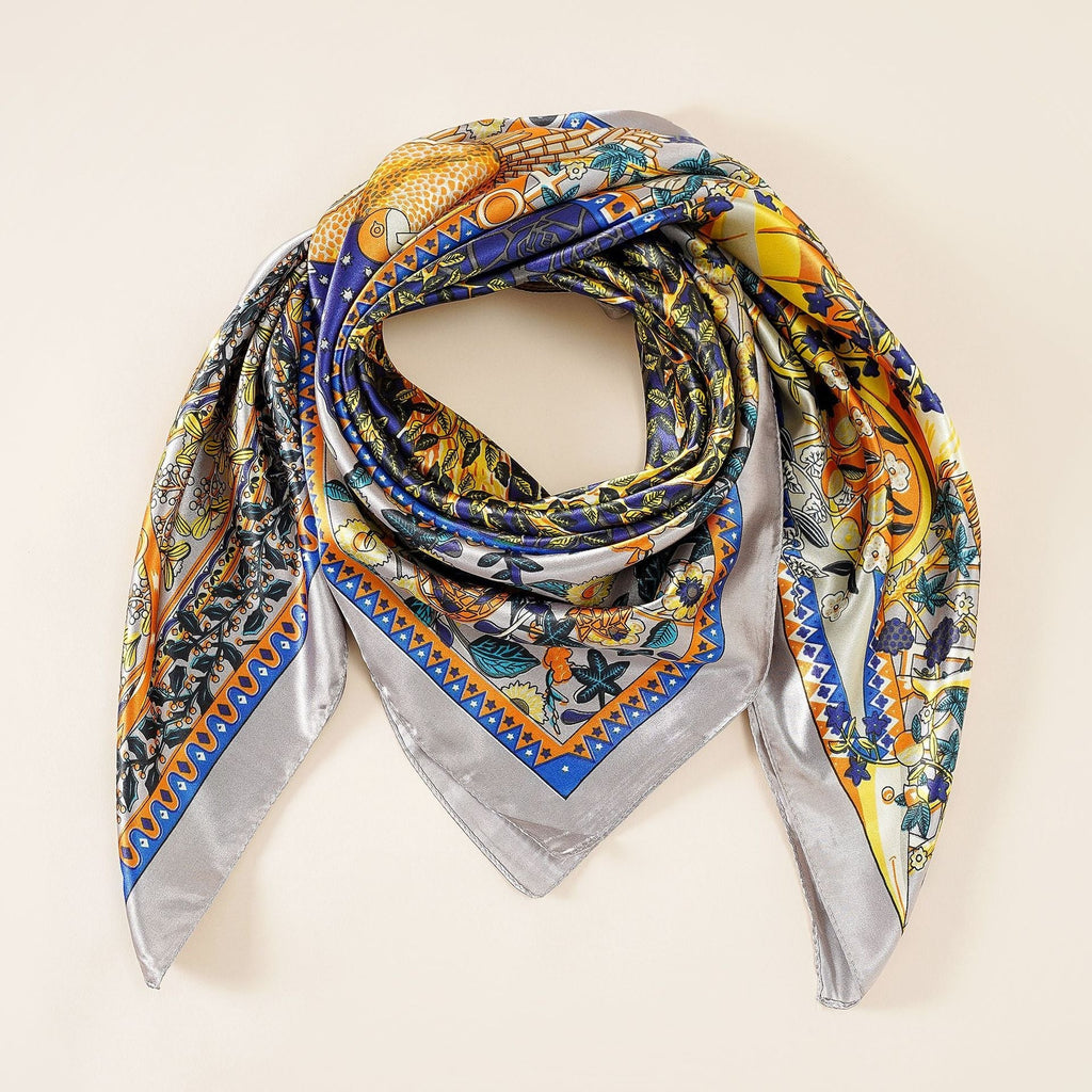 Women's luxurious silk scarf with an artistic floral design and shimmering sheen, size GR