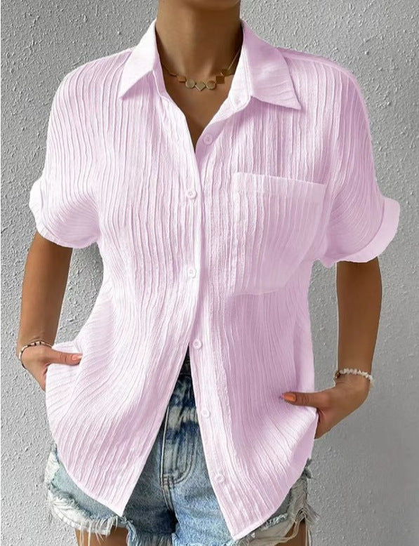 Women's short-sleeved shirt blouse with textured outer material, size S