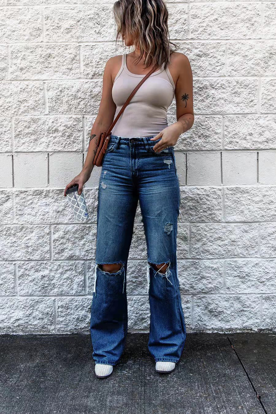 GR | Women's High Waist Ripped Wide Leg Jeans