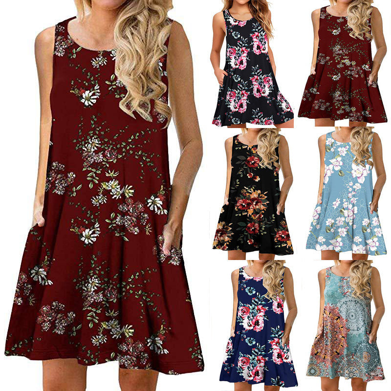 Women's sleeveless floral mini dress with practical side pockets, size