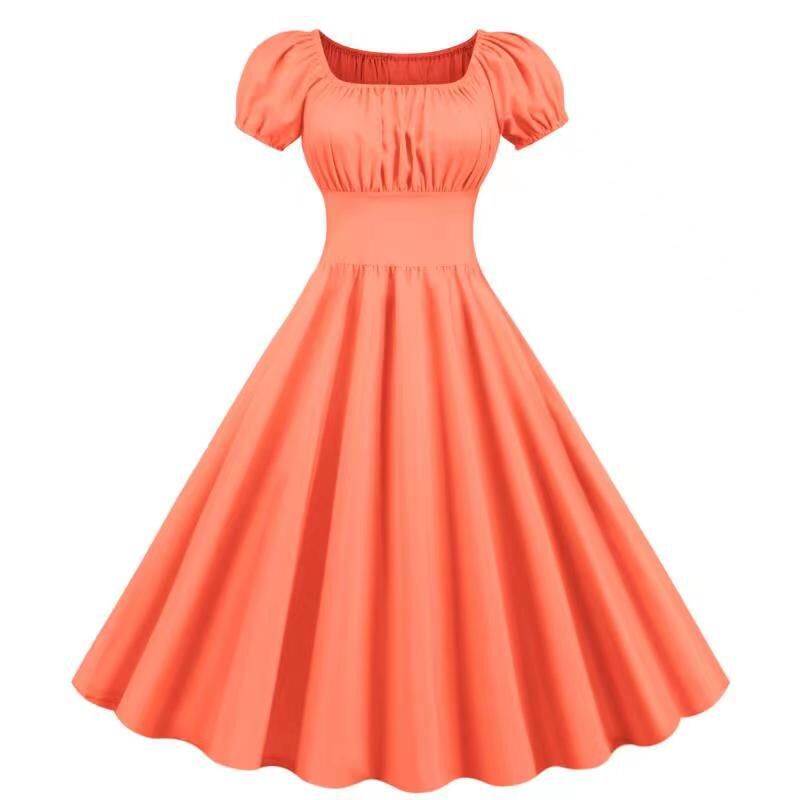 Damen Vintage Kleid mit Puffärmeln und schwingendem Rock GR