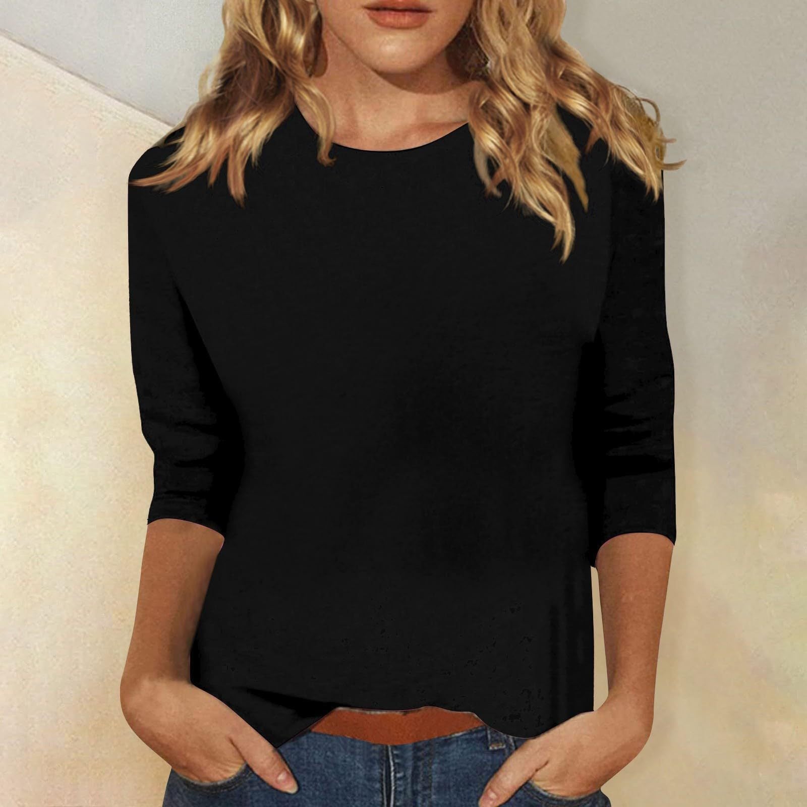 Women's casual top with elegant 3/4 sleeves and curved hem, size S
