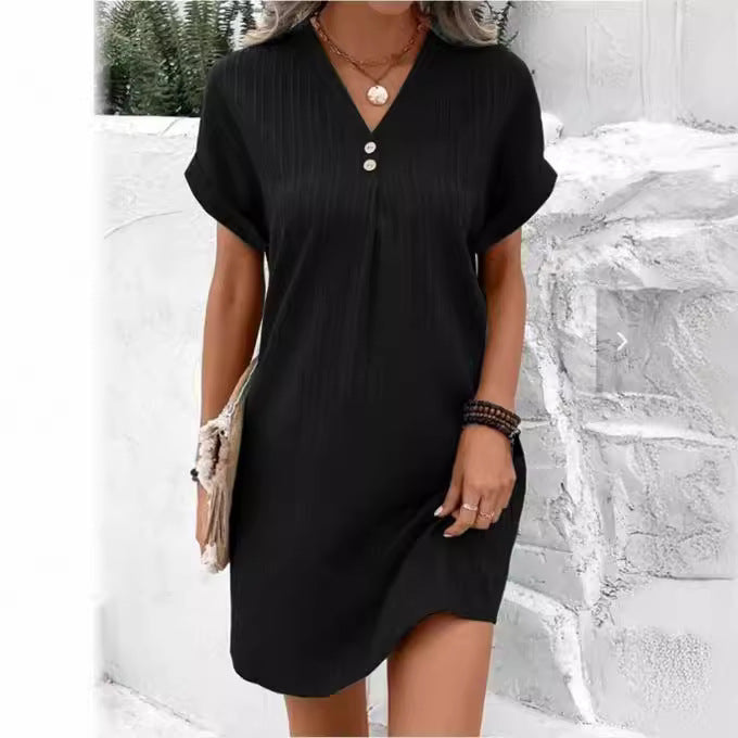 Damen Kurzarm Kleid mit Knopfleiste und feinem Längsstreifenmuster GR