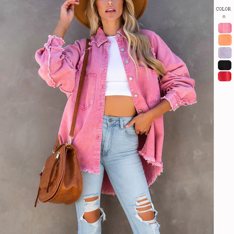 Women's casual overshirt jacket in lightweight denim with fringed details, size S