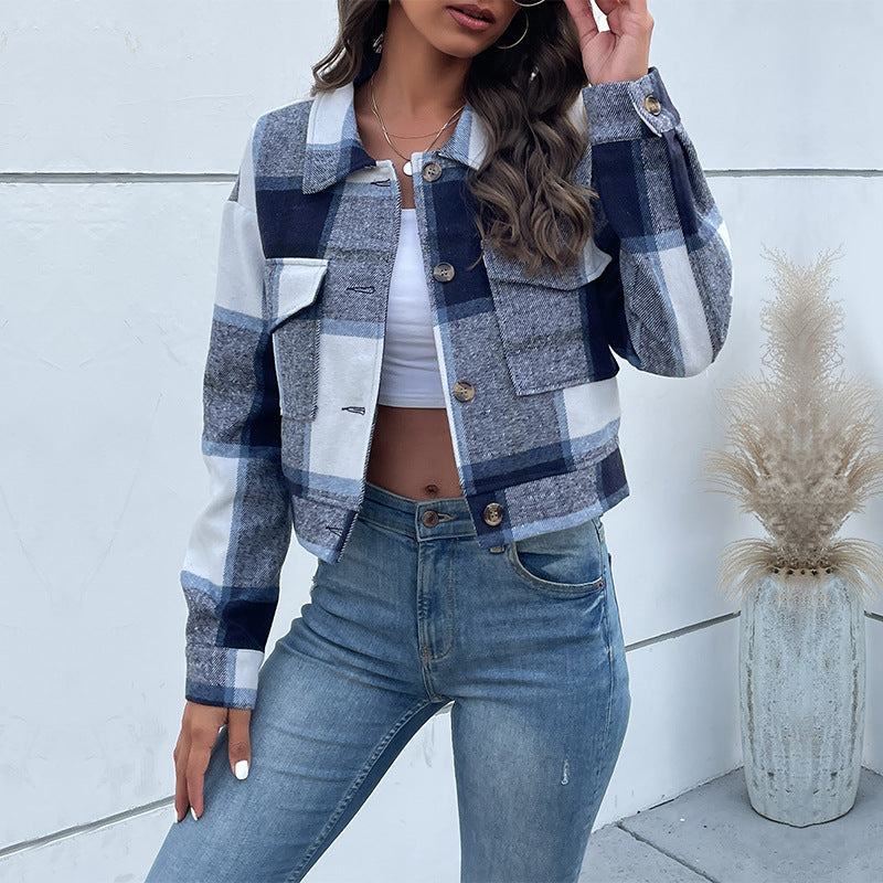 Women's checked blouson jacket with decorative buttons and chest pockets, size