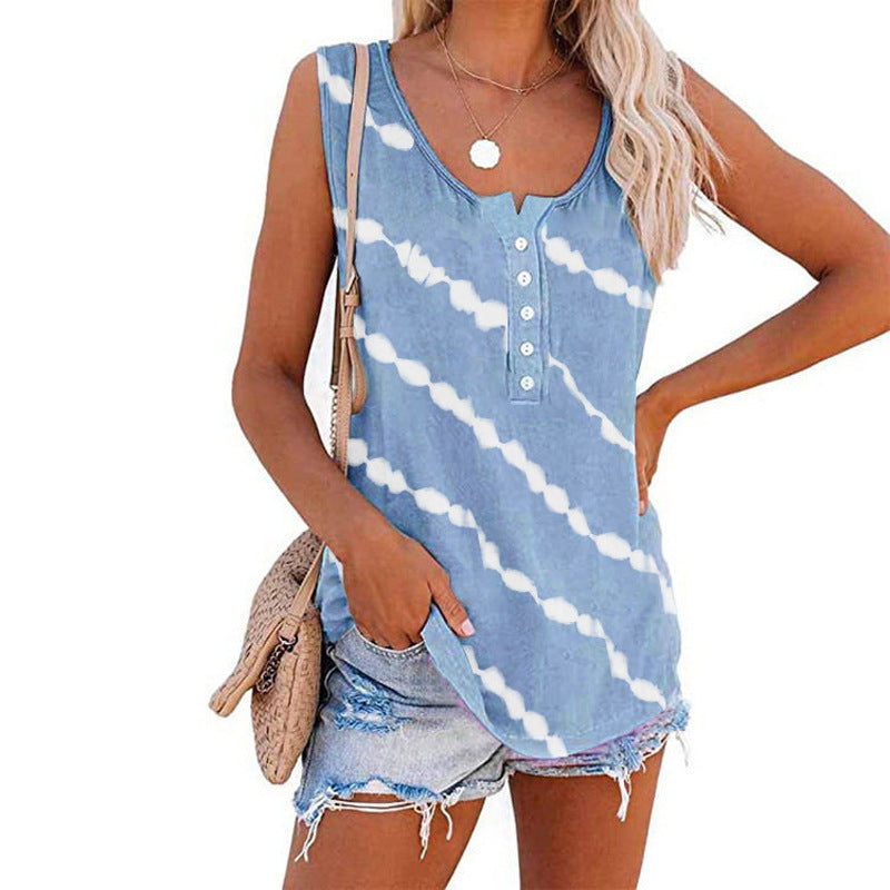 Women's sleeveless top with button placket and modern batik pattern, size