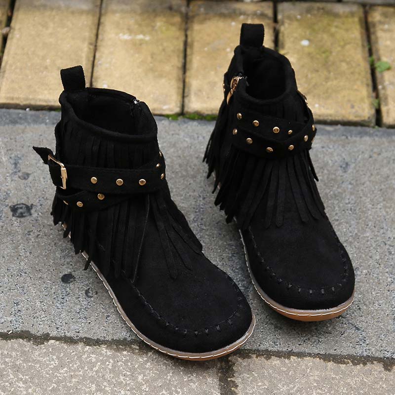 GR | Boho ankle boots with fringes and buckles for women