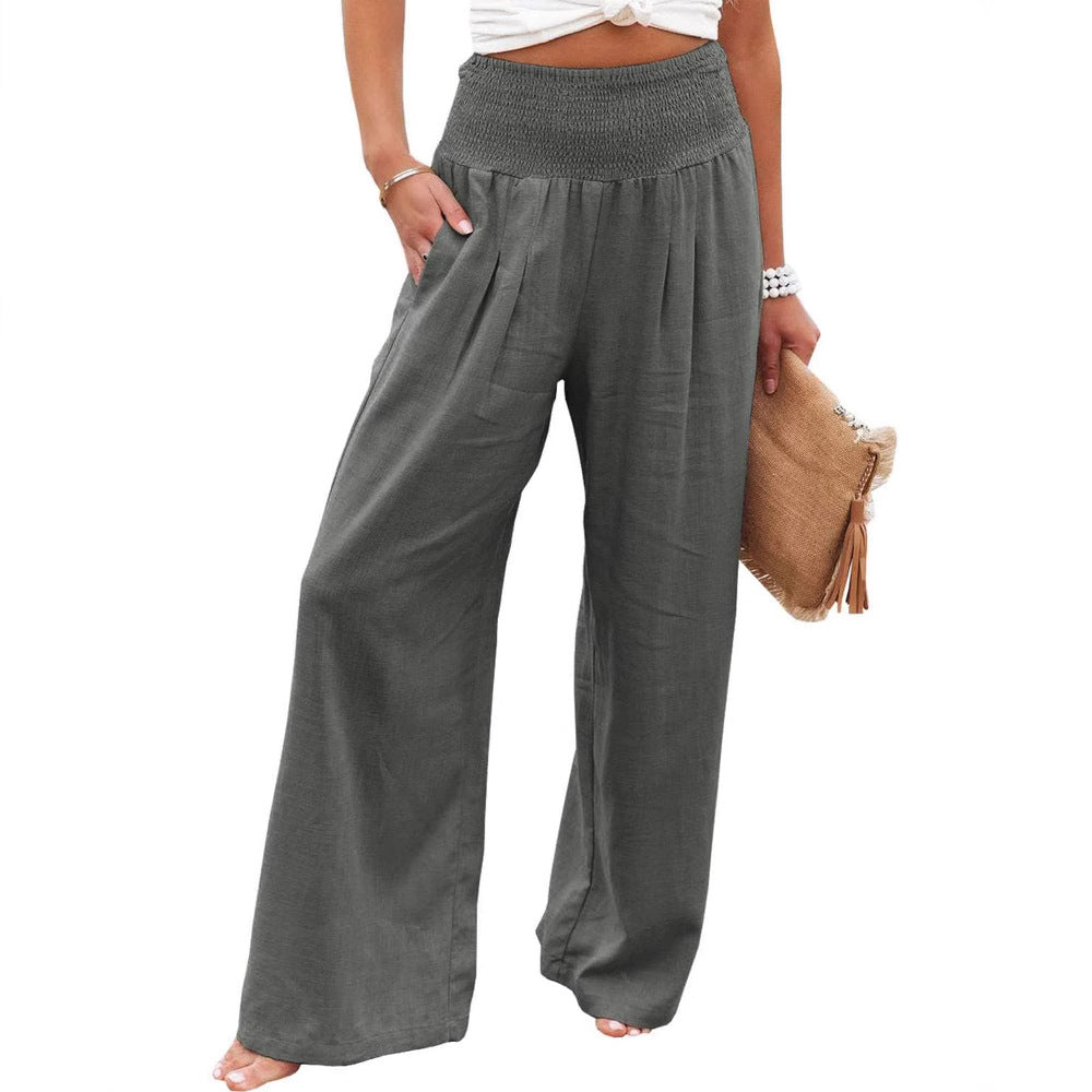 Damen Weite Leinenhose mit elastischem Bund und Falten GR