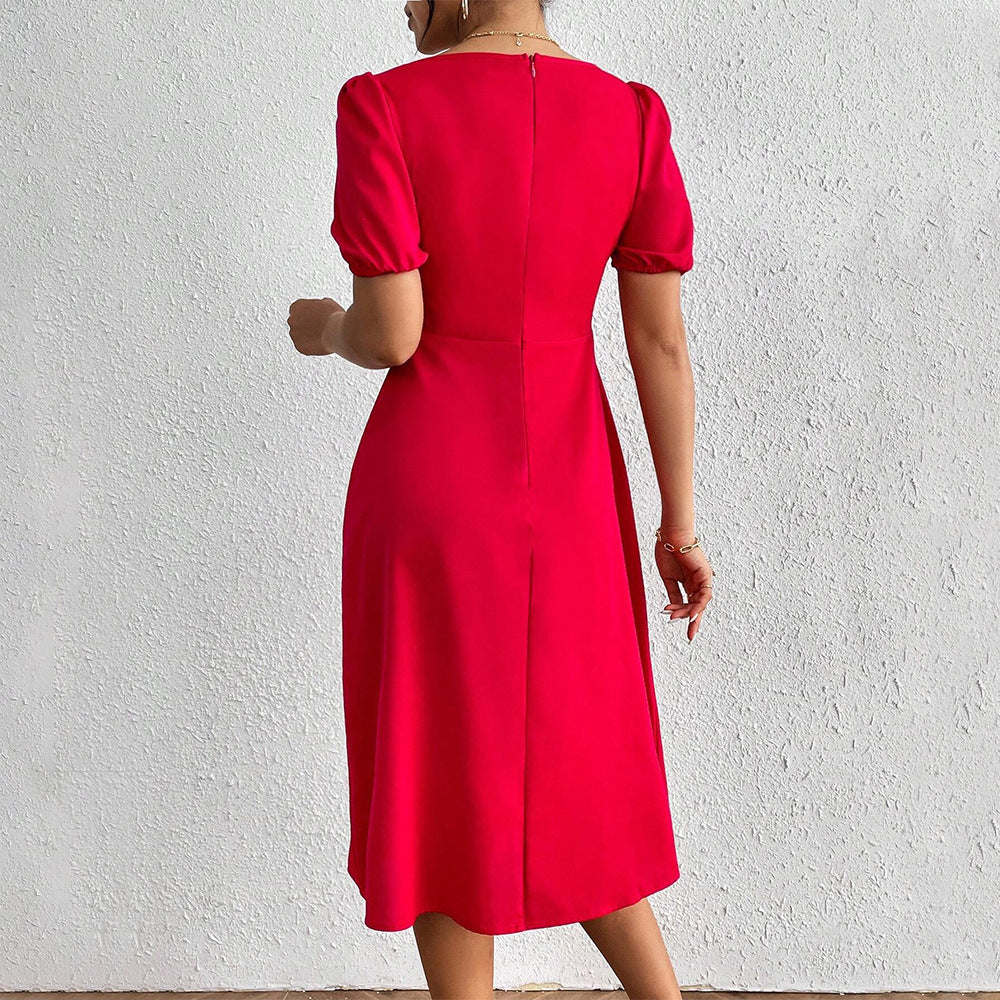 Women's midi dress with puff sleeves and sophisticated ruffle detail, size GR