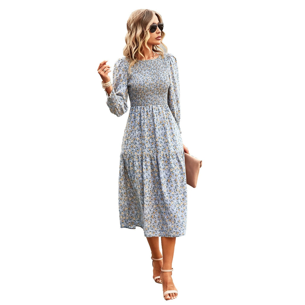 Damen florales Midi-Kleid mit geraffter Taille und langen Ärmeln GR