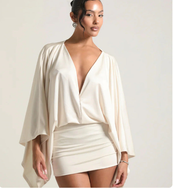 Women's chic mini dress with voluminous sleeves and elegant stand-up collar, size [size missing]