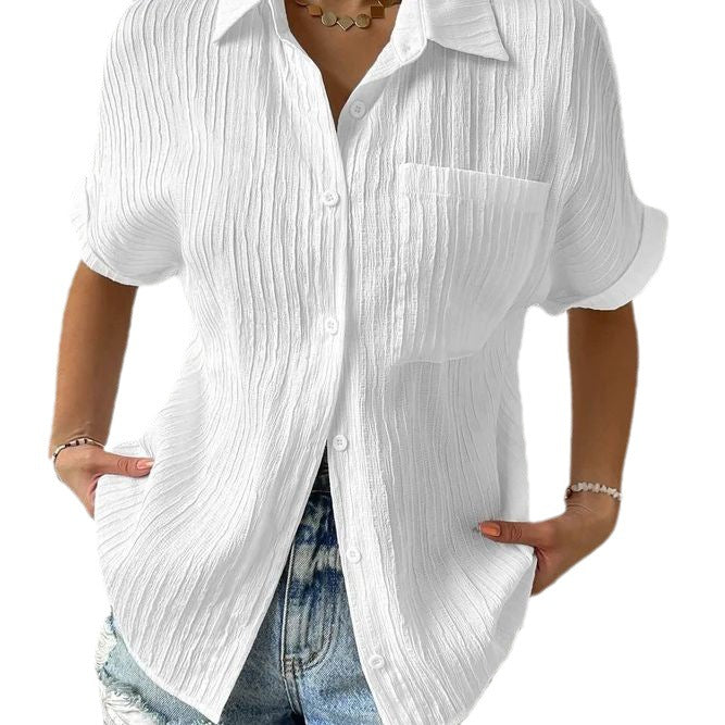 Women's short-sleeved shirt blouse with textured outer material, size S