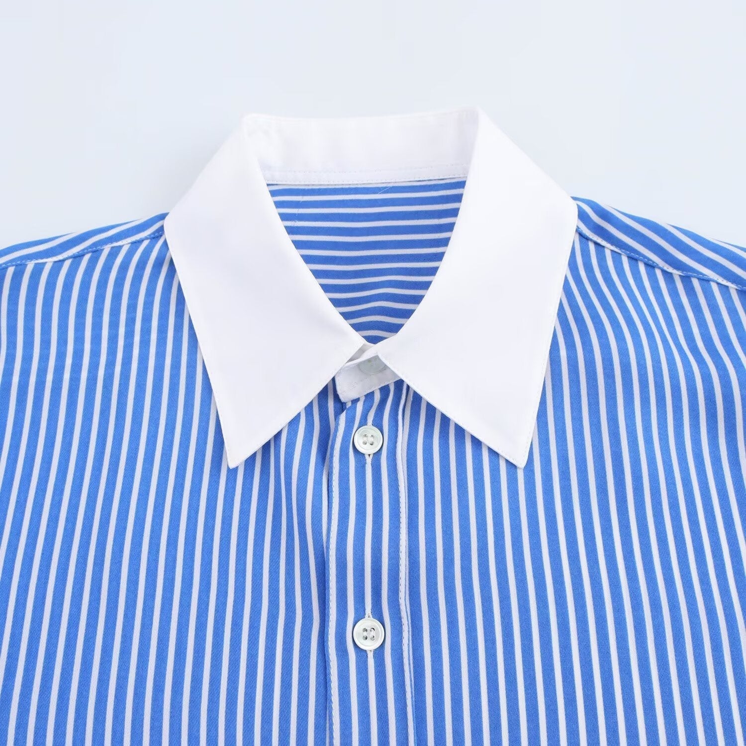 GR | Modische Blau Weiß Gestreifte Revers Vielseitige Bluse