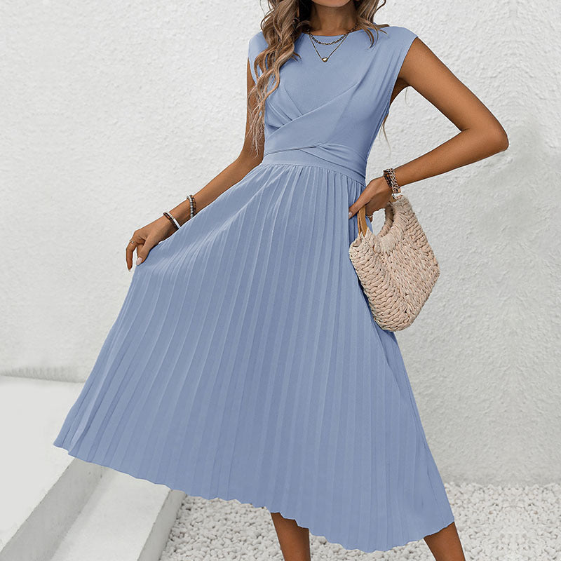 Women's midi dress with elegant wrap design and flowing pleats, size GR