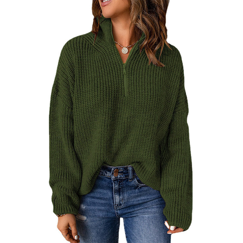 Damen Grober Strickpullover mit Stehkragen und Reißverschluss GR