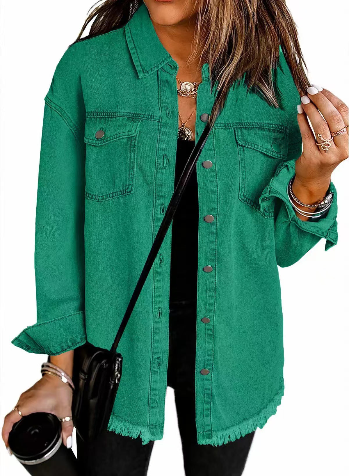 Women's Oversized Denim Shirt with Fringes, Size
