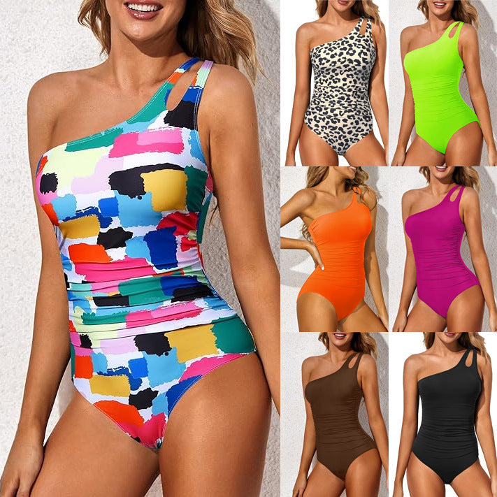 Women's one-piece swimsuit with asymmetrical straps and fashionable leopard print, size S