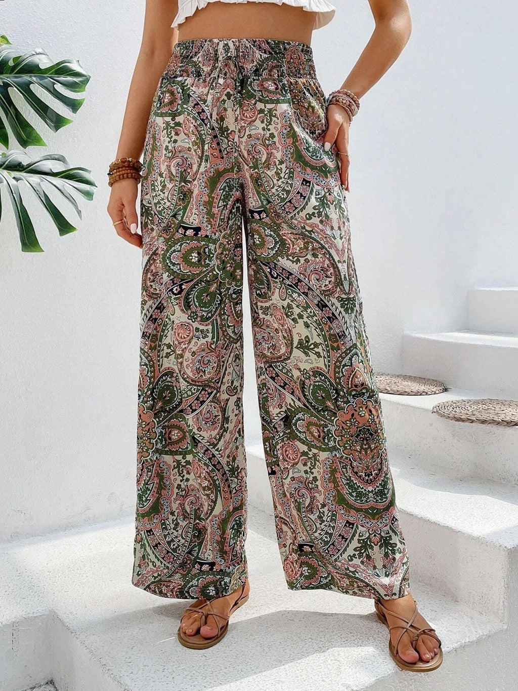 Damen weite Palazzo-Hose mit elastischem Bund und elegantem Paisleymuster GR