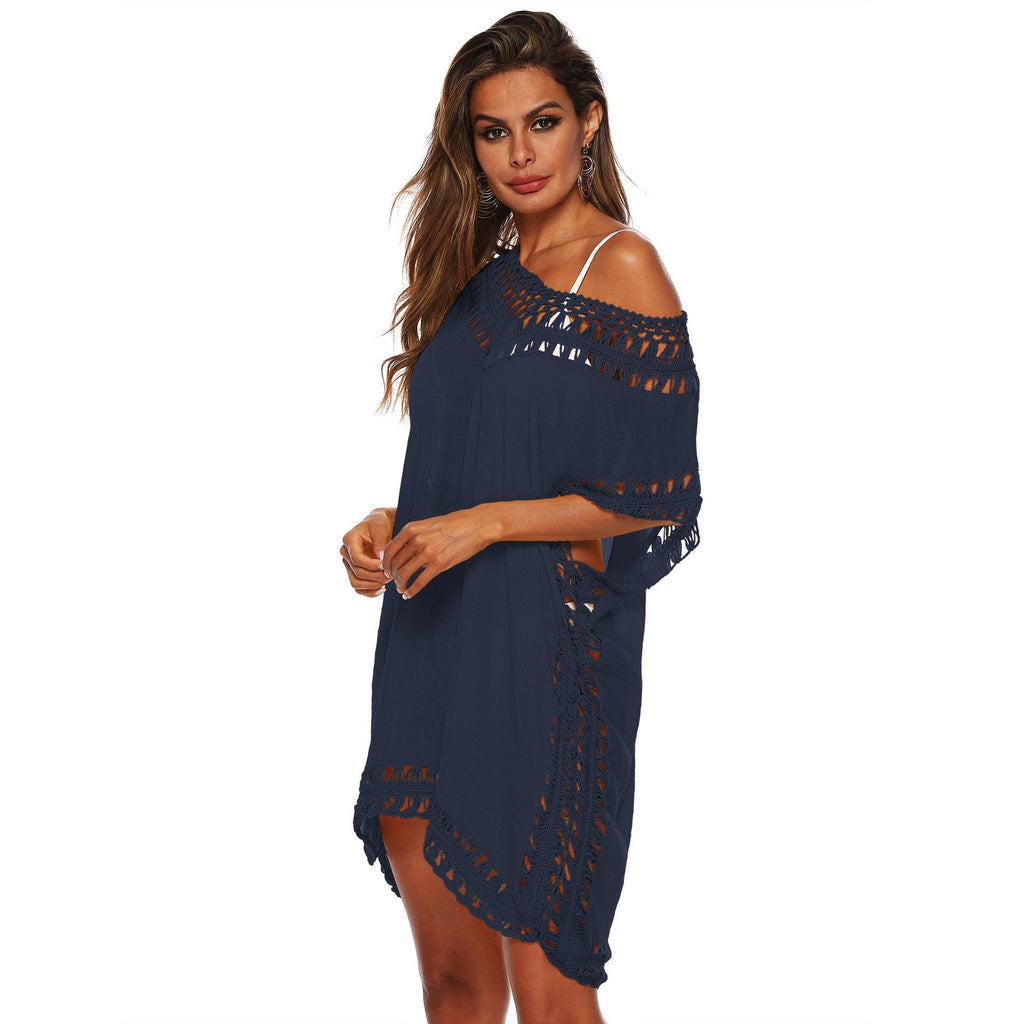 Women's beach tunic with artistic crochet embellishments, size GR