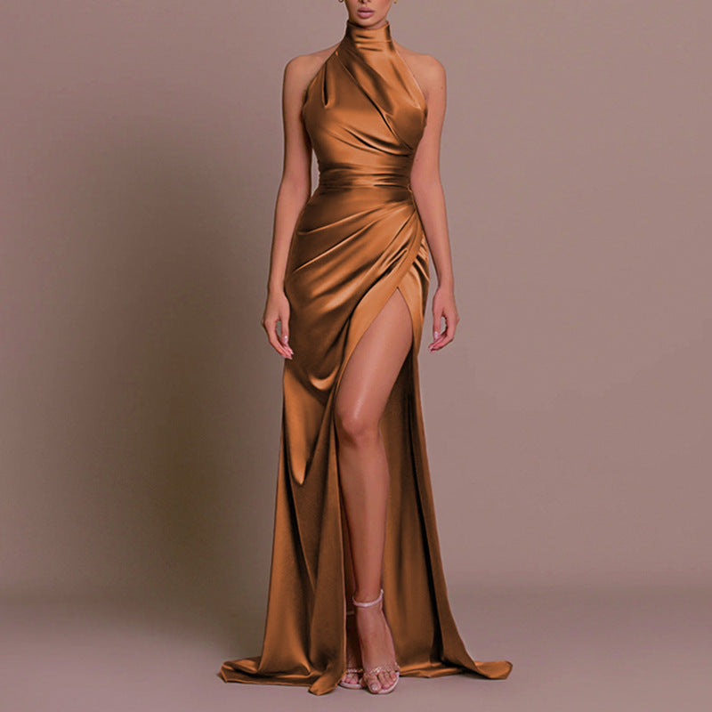 GR | Bridesmaid Dress Satin Halter Open Back Sleeveless Elegant Wedding Cocktail Ceremony Guest 