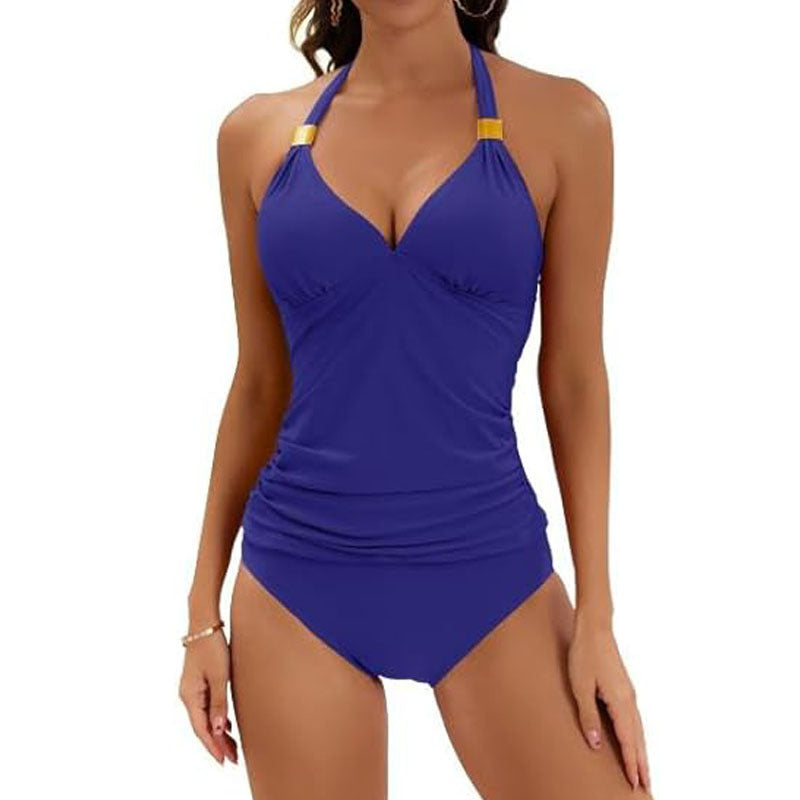 Women's tankini with gathered top and high waist, size