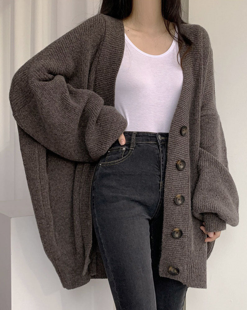GR V-neck single-breasted loose lantern sleeve knit cardigan
