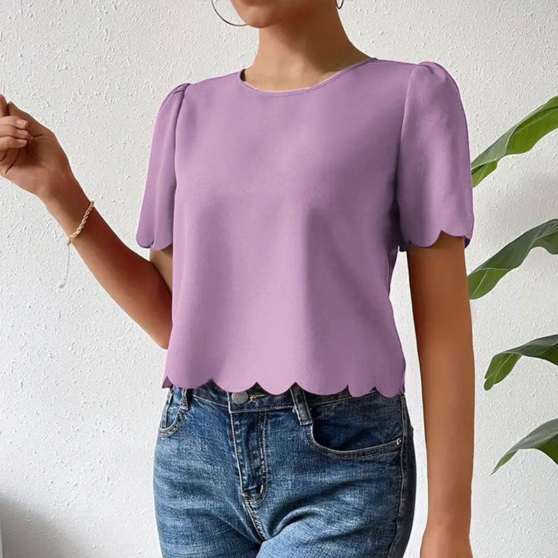 Women's top with wavy hem and airy sleeves, size