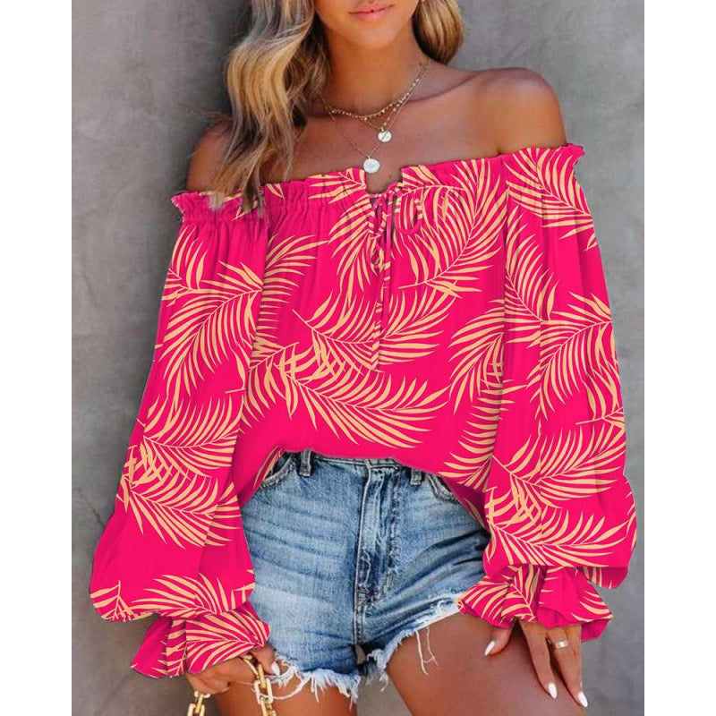 Damen Off-Shoulder Bluse mit buntem Muster und elastischem Saum GR