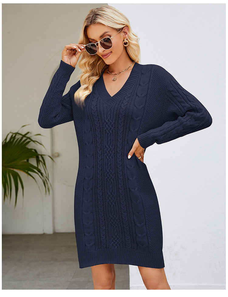 GR | Solid color V-neck twirl knit dress 