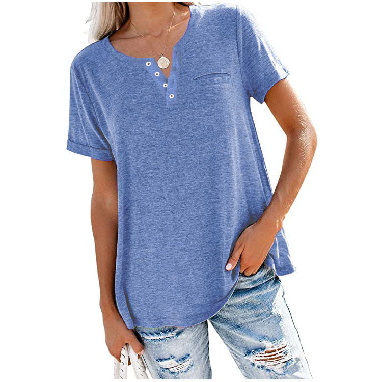 Women's casual T-shirt with button placket and chest pocket, size