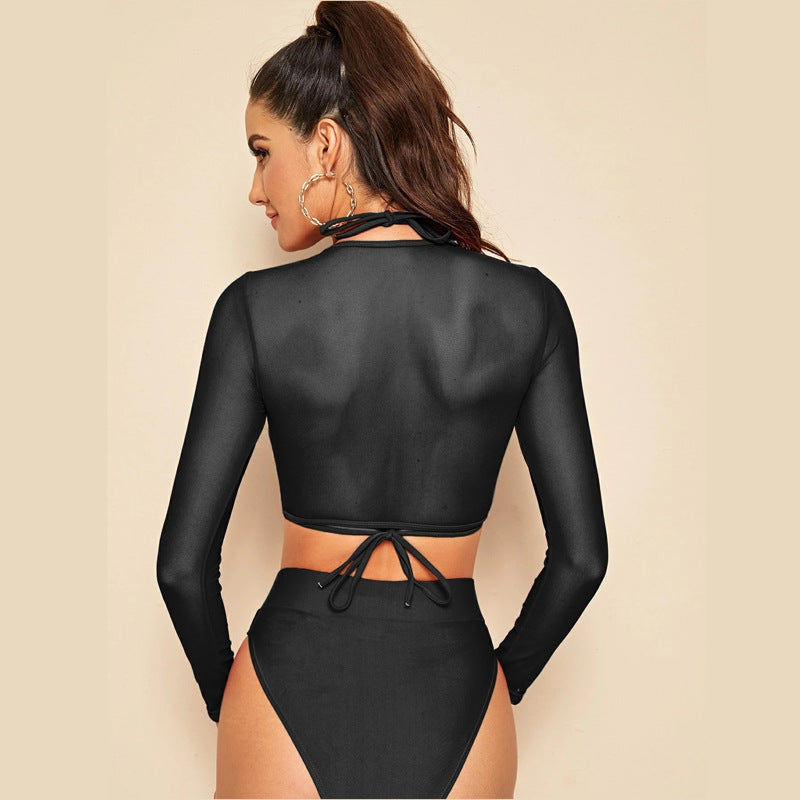 Women's sports bikini set with long-sleeved top and high waist, size