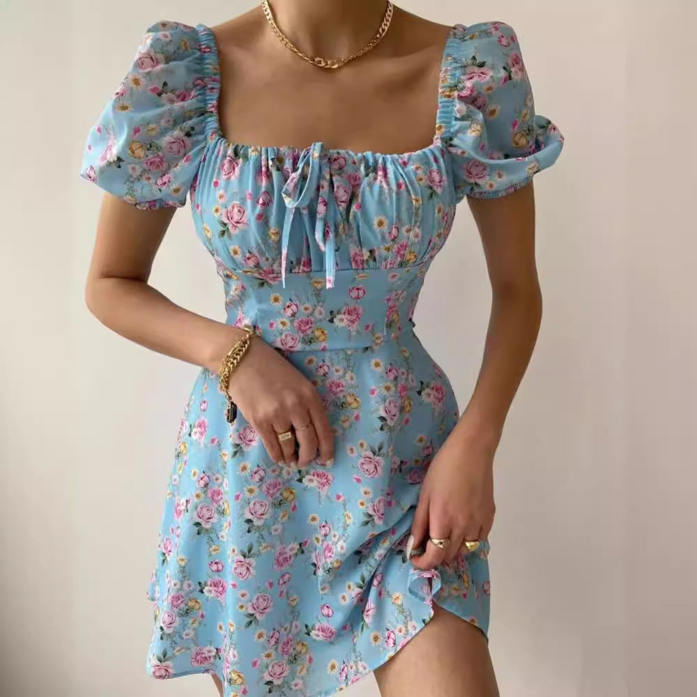 Women's floral print mini dress with puff sleeves, size