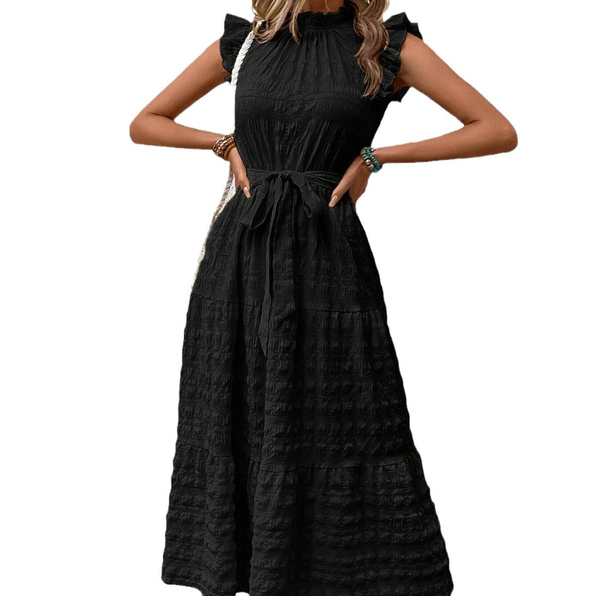 Women's wrap dress with ruffle details and a tailored hem, size