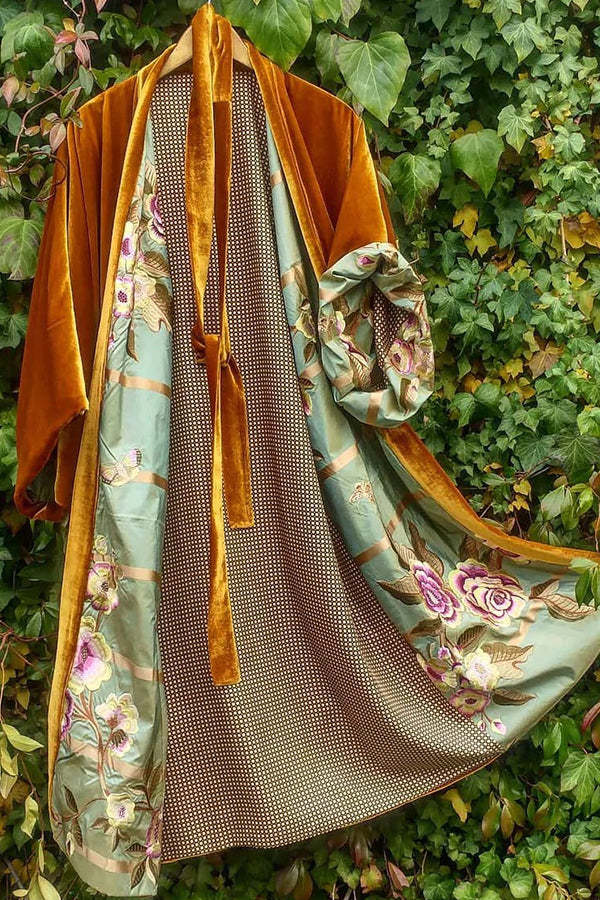 GR | Satin Digital Floral Taille Gürtel Cardigan Schlafanzug