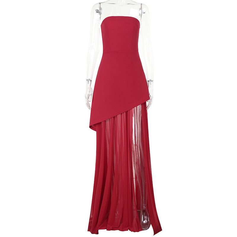 GR | Style Temperament Slim Tube Top Mesh Stitch Swing Dress