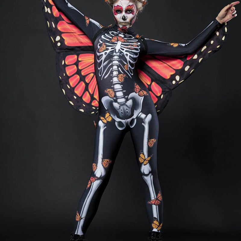 Women's bodysuit with skeleton pattern and butterfly wings, size
