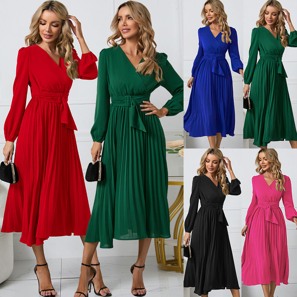 Women's wrap dress with pleated design and elegant waist belt, size