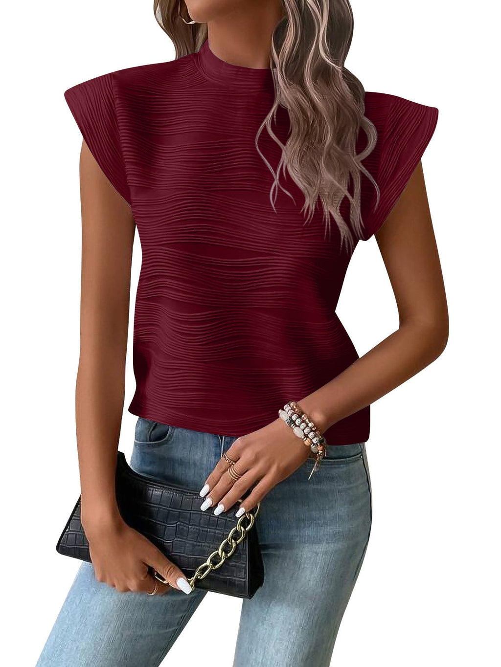 Women's elegant top with structured puff sleeves and high neckline, size S