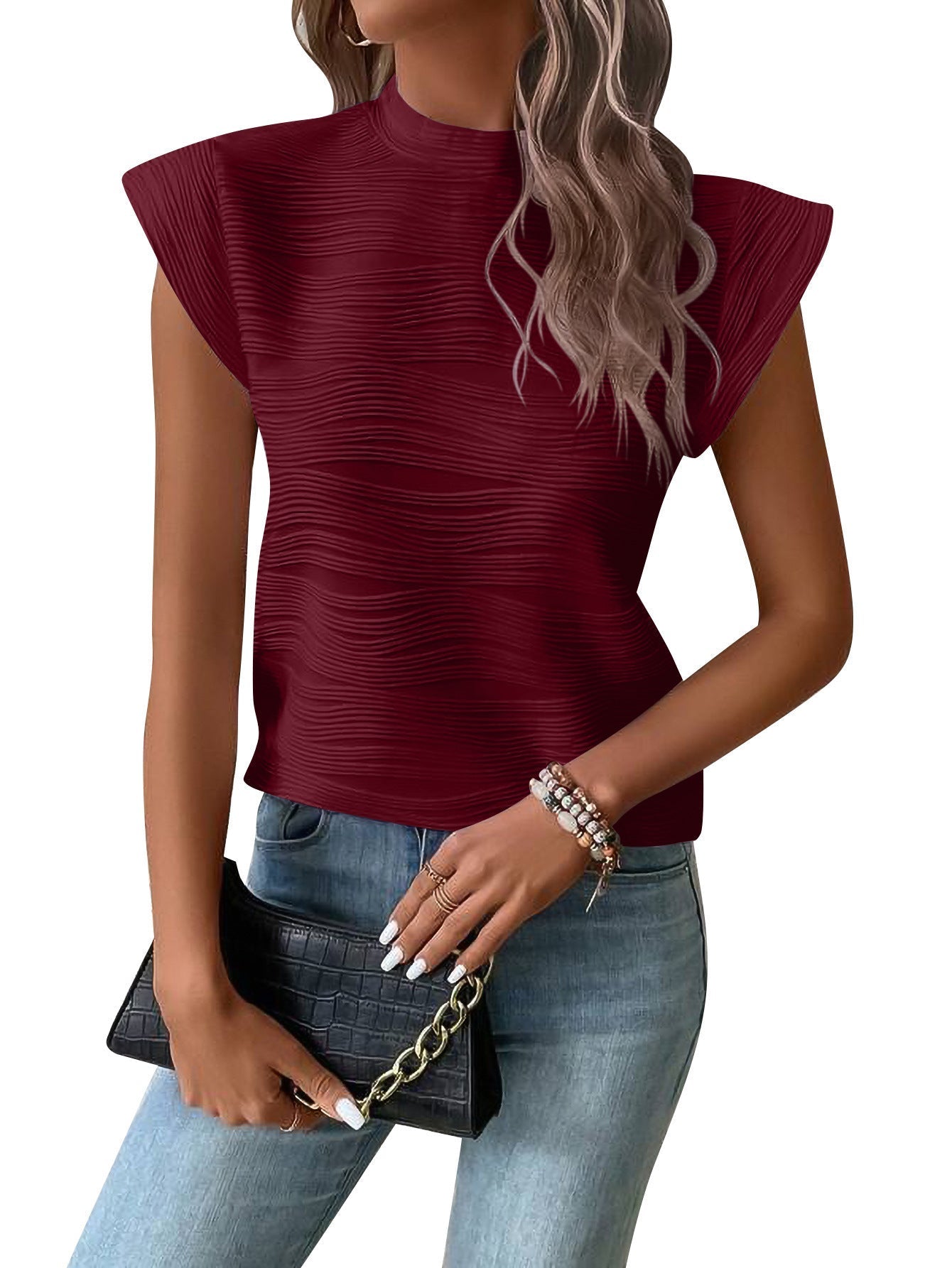 Women's elegant top with structured puff sleeves and high neckline, size S