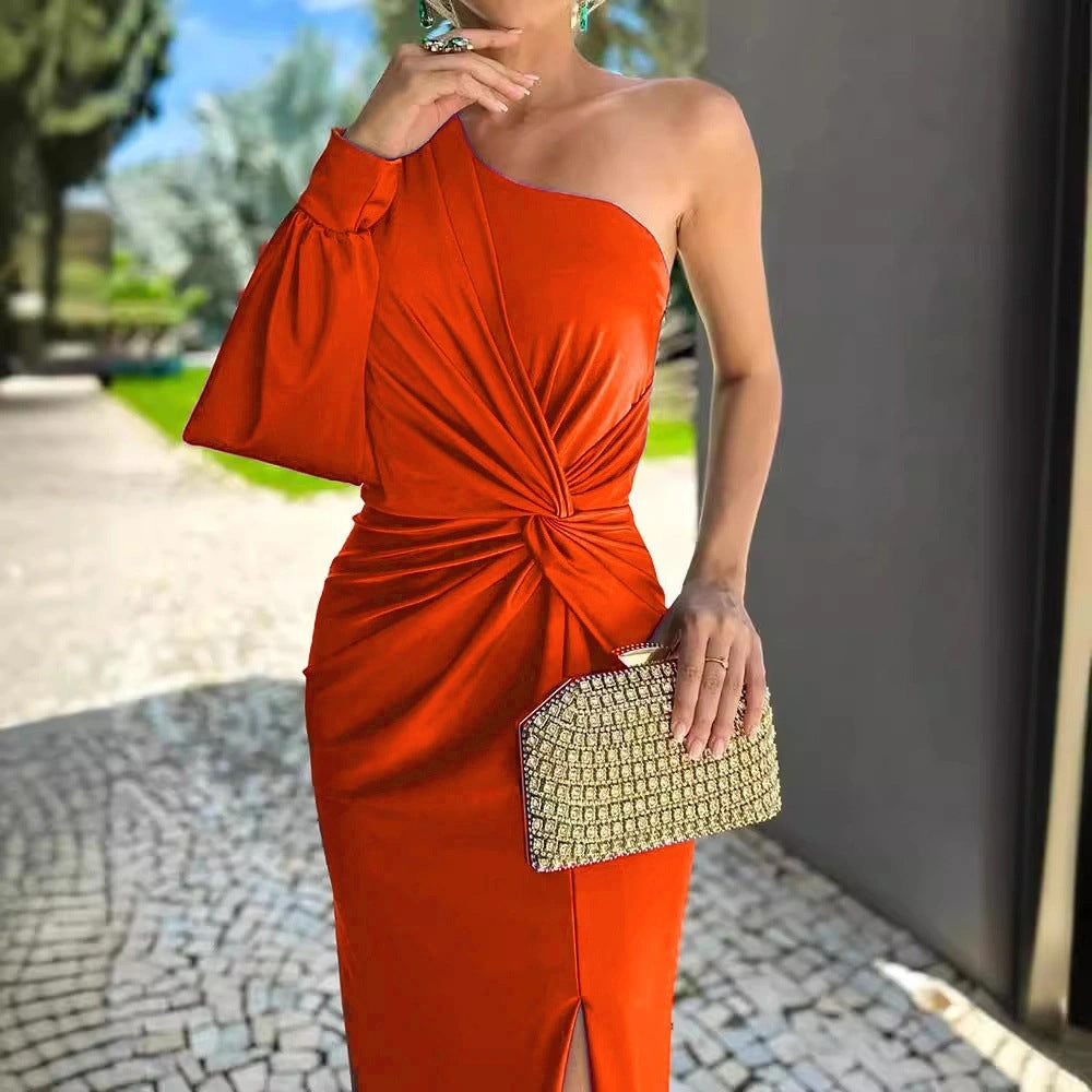 GR | Satin maxi dress with one shoulder