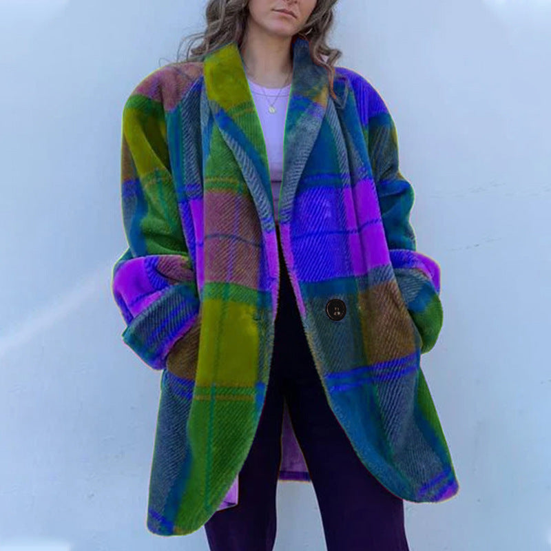 Women's Patterned Oversized Coat with Check Design and Soft Material, Size