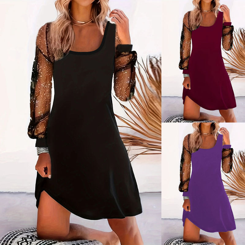 Women's asymmetrical dress with sheer puff sleeves and shimmering accents GR