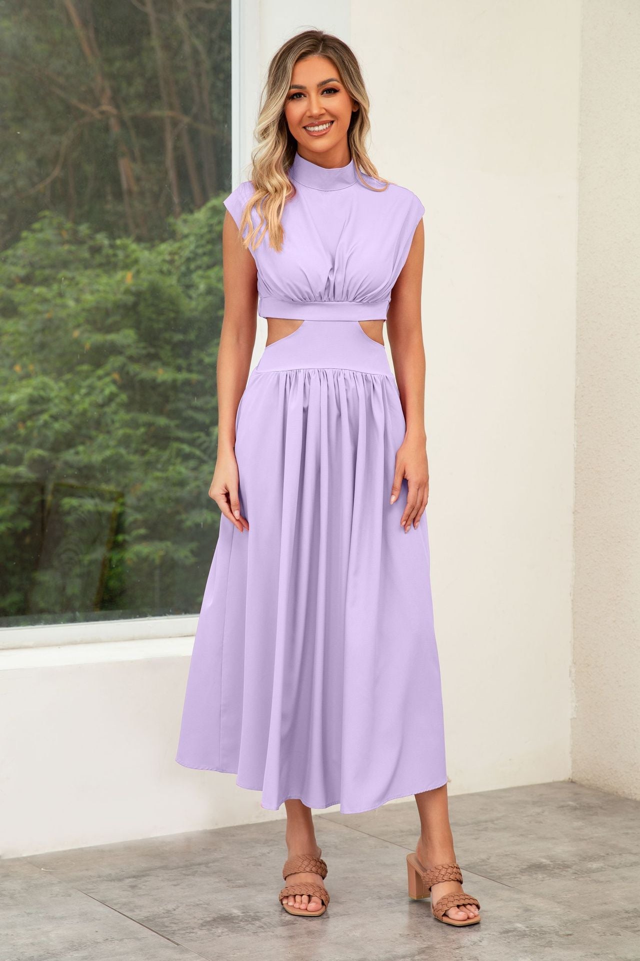 Women's cut-out summer dress with high collar, size