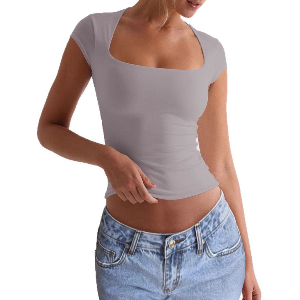 Women's fitted top with deep square neckline, size